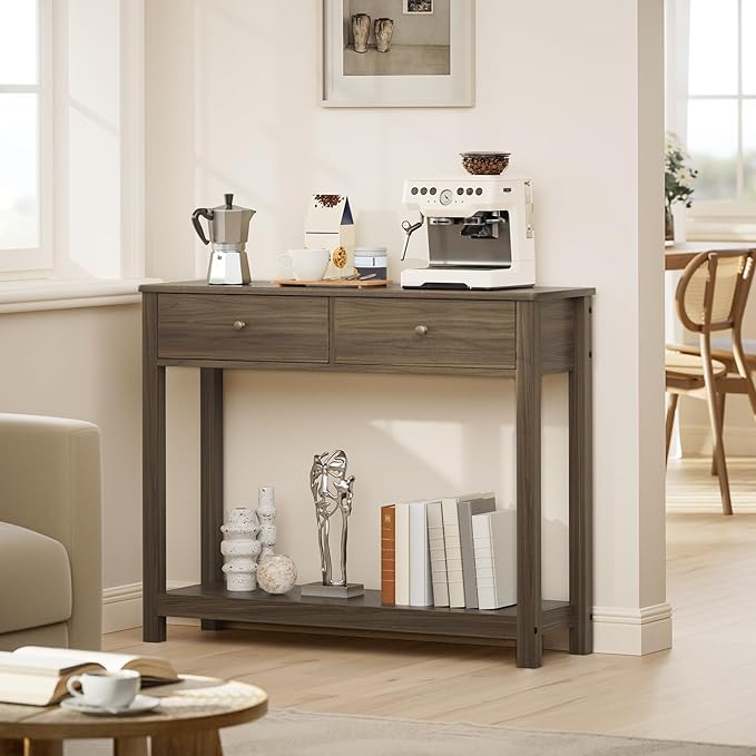 Gizoon Console Table with 2 Drawers, 2-Tier Wood Entryway Table with Storage Shelves, 39" W Wood Accent Sofa Table for Front Hall, Hallway, Living Room, Dark Brown