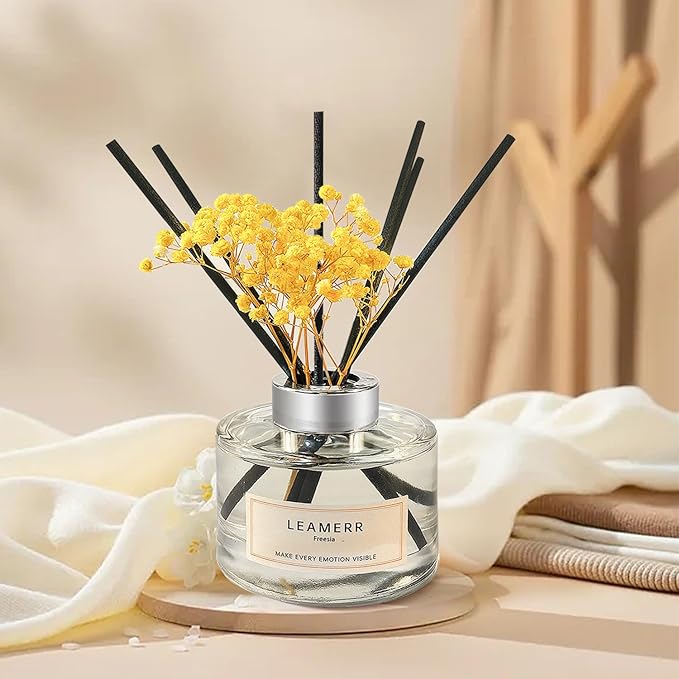 Reed Diffuser Sets Home Fragrance Essential Oil Diffuser Freesia Scent- 7 oz (210 ml) Fragrance Oil Diffuser for Bedroom Bathroom Home Décor Includes Reed Diffuser Sticks, Scented Oils
