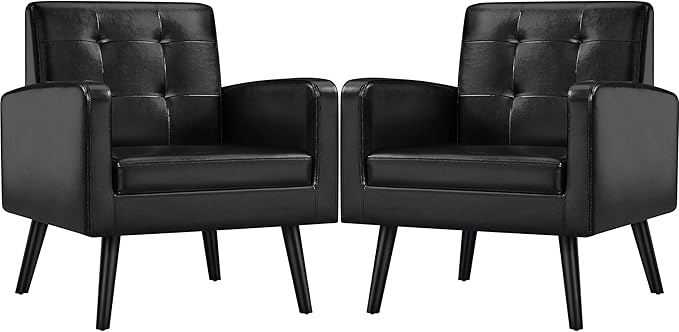 Yaheetech Mid-Century Accent Chairs, PU Leather Modern Upholstered Living Room Chair, Cozy Armchair Button Tufted Back and Wood Legs for Bedroom/Office/Cafe Black 2PCS
