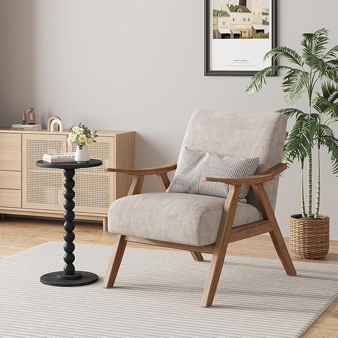 Round Side Table, Small Drink Table for Small Spaces, Pedestal End Table for Living Room, Modern Accent Nightstand with Solid Wood Leg for Bedroom, Corners and Office Black Color UTBT005B