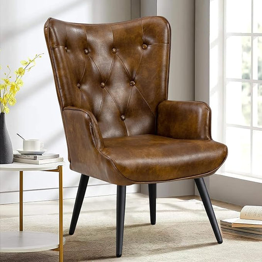 Furniliving PU Leather Accent Chair for Living Room, Upholstered Reading Chair with High Backrest, Tufted-Button Wingback Armchair for Bedroom, Dressing Room, Home Office, Brown