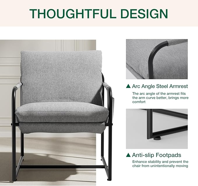 HOMMPA Sling Accent Chair Set of 2, Steel Frame Lounge Arm Chair Living Room Chair with Side Storage Pocket, Reading Accent Chair Mid Century Modern Bedroom Chair Linen Fabric Cover, Flax