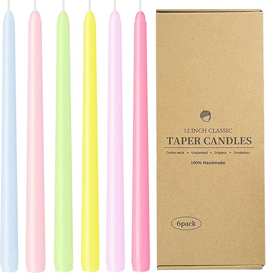 12 Inch Taper Candles, Smokeless Dripless Long Candles - Unscented Decorative Dinner Candles for Home, Wedding, Party, Table Decor, and Holiday Celebrations (6-Pack Assorted Colors B)