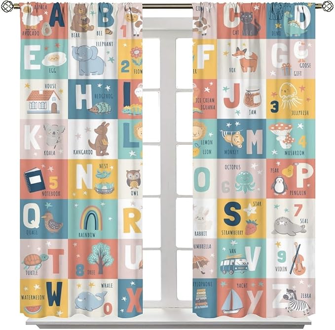 BAEKJIN Kids Alphabet Curtains，Catoon Wild Animals Pattern Print Decor Window Drapes for Bedroom Living Room 42x45 Inch