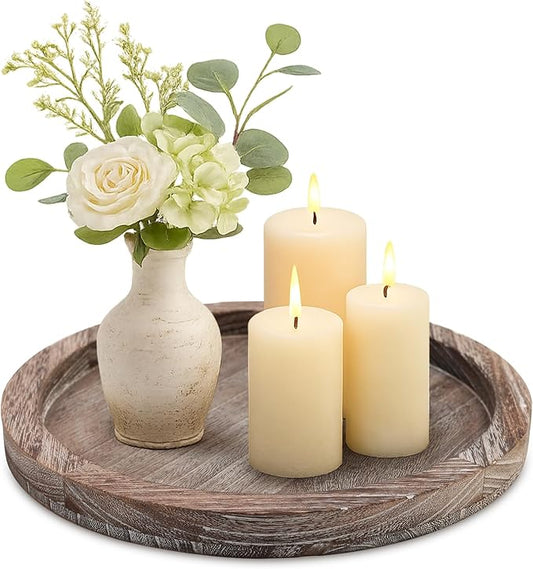 Round Decorative Wood Trays for Coffee Table Counter Farmhouse Kitchen Home Decor Centerpiece Small Wooden Candle Holder Tray Circular Serving Platter Circle Rustic Dining Table Bathroom Perfume Tray