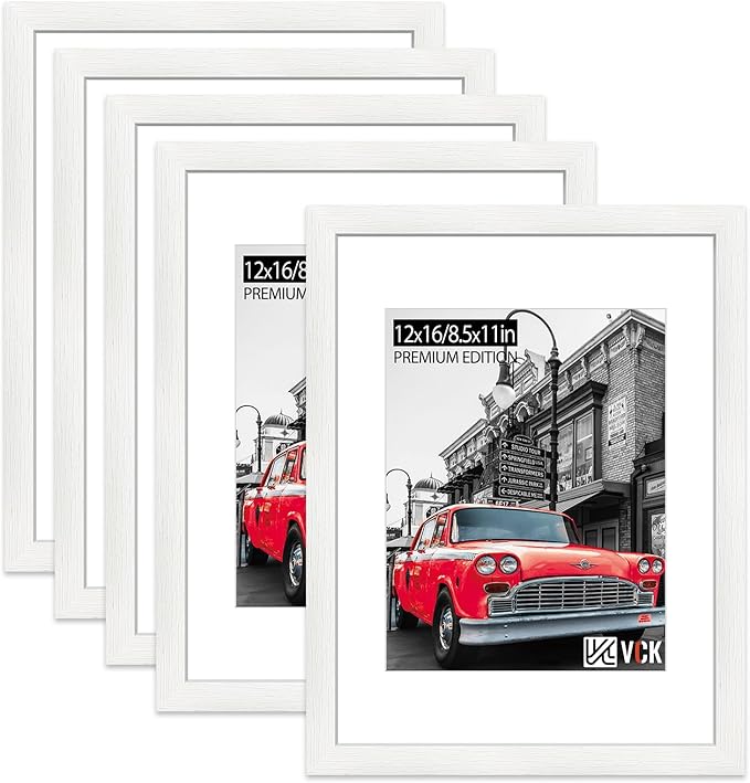 VCK 12x16 Picture Frame 5 Pack - White, High-End Wood Poster Frames with Tempered Glass, Display 8.5x11 Photo with Mat or 12x16 without Mat, Art Gallery-Quality, Wall Hanging, White