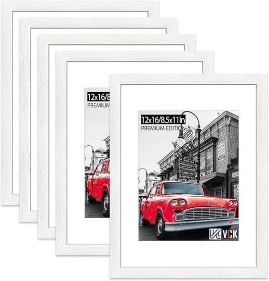 VCK 12x16 Picture Frame 5 Pack - White, High-End Wood Poster Frames with Tempered Glass, Display 8.5x11 Photo with Mat or 12x16 without Mat, Art Gallery-Quality, Wall Hanging, White