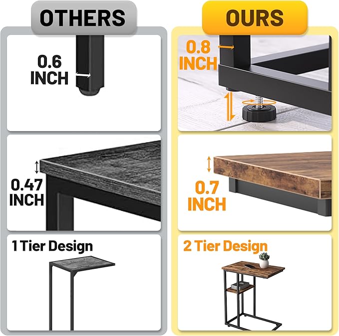 C Shaped End Table with Metal Frame, 2 Tier Sturdy C Table Side Table for Couch Sofa Bedside Small Space, C Snack Table TV Tray Record Player Stand Small Tables for Living Room Bedroom, Rustic Brown