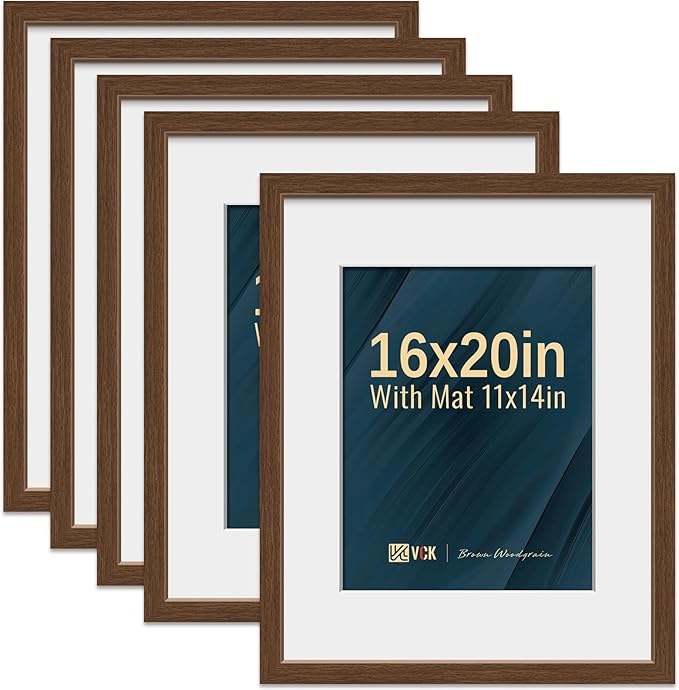 VCK 16x20 Picture Frame 5 Pack - Brown, High-End Wood Poster Frames with Tempered Glass, Display 11x14 Photo with Mat or 16x20 without Mat, Art Gallery-Quality, Wall Hanging, Brown