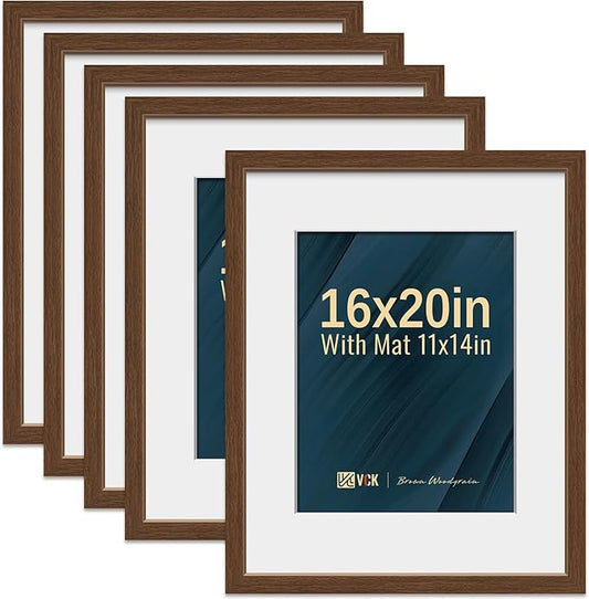 VCK 16x20 Picture Frame 5 Pack - Brown, High-End Wood Poster Frames with Tempered Glass, Display 11x14 Photo with Mat or 16x20 without Mat, Art Gallery-Quality, Wall Hanging, Brown
