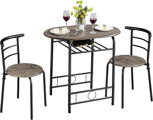Yaheetech 3 Piece Dining Table Set, Kitchen Table & Chair Sets for 2, Compact Bistro Table Set with Steel Legs, Built-in Wine Rack for Small Space, Apartment, Breakfast Nook, Drift Brown