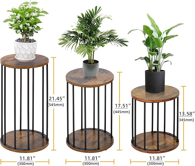 Plant Stand Indoor,small plant stool,Flower Pot Corner stand holder,Mid Century Heavy Duty Metal Tall Home Decor,Modern Round End Table,Small Rustic Display Stand for Living Room,Bedroom (Brown,3 Packs)