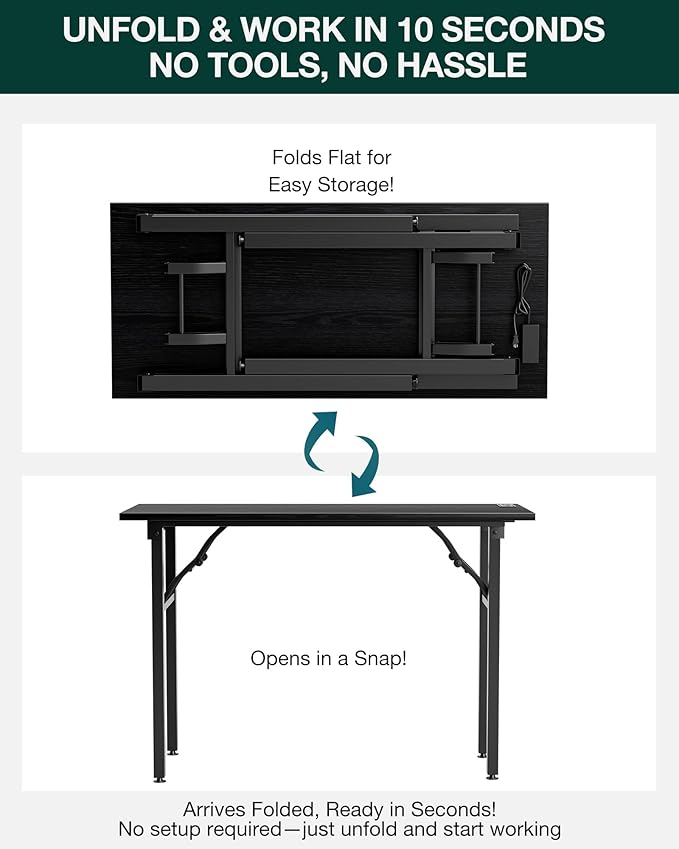 Frylr Small Folding Computer Desk – 43.3 Inch Portable Table for Craft and Study, Lightweight Desk for Small Spaces, Foldable Laptop Table Built-in AC/USB Outlets for Convenience, Dark Oak