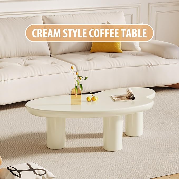 42.24" Cloud Shaped Coffee Table, Unique Style Center Table, Small End Table, Modern Irregular Coffee Table with 3 Legs for Small Space, Living Room, Easy Assembly, Cream White