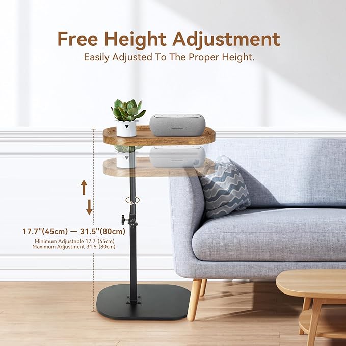 C Shaped End Table for Couch, Sofa Armrest Tray Table with Adjustable Height, 360° Swivel Sofa Bed Bathroom TV Tray for Living Room,Bed Side, Bedroom,Study and Small Spaces(Walnut Color)