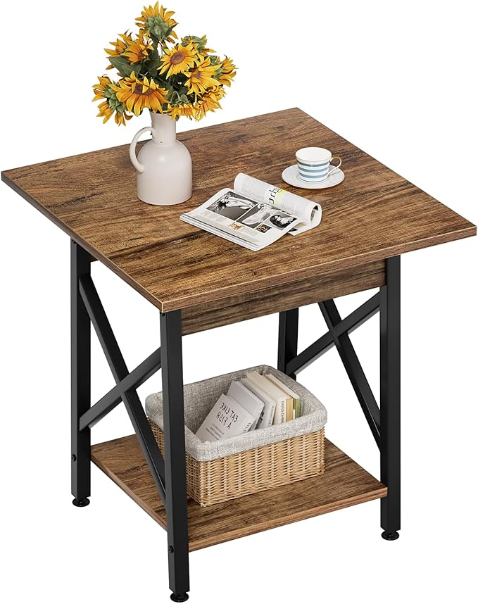 GreenForest End Table 24 inch for Living Room, Large Square Side Tables with X-Frame, Tall Industrial Bedside Nightstand with 2-Tier Storage, Rustic Walnut