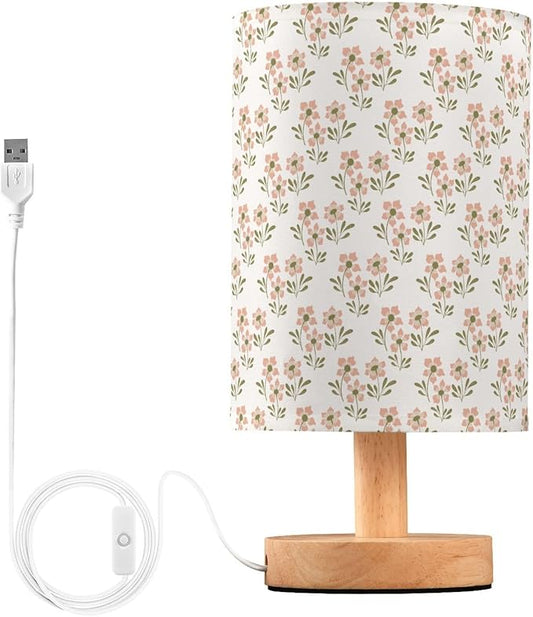 Small Table Lamp for Bedroom Bedside Nightstand with Wire Switch Desk Lamps Linen Fabric Shade Flower Print(Light Pink)