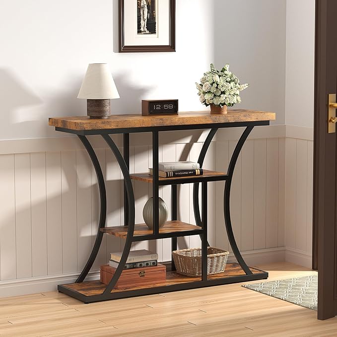 41.3" Industrial 4 - Tier Console Table with Curved Metal Frame, Narrow Long Sofa Table & Entryway Table with Storage Shelves for Living Room, Accent Table for Hallway Furniture Foyer