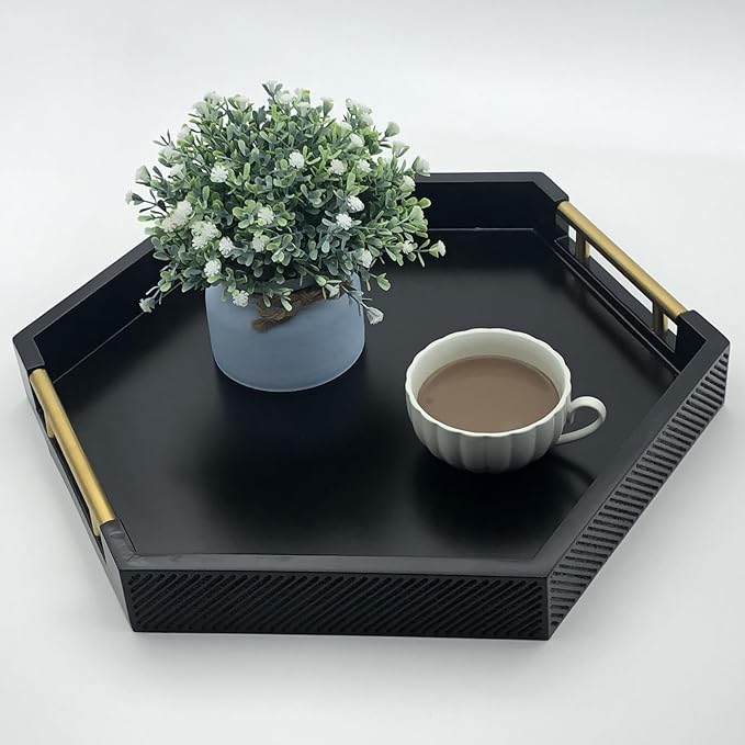 Serving Tray with Polished Metal Handles, Hexagon Coffee Table Tray, Modern Rectangle Decorative Tray, Large Ottoman Tray, Perfect for Storage and Display (Black Hexagon)