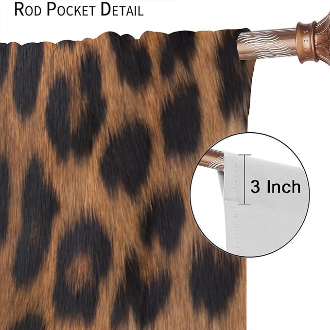 Leopard Print Blackout Curtain, Black Brown Fur Leopard Print Wild Animal Skin Drapes, Window Treatments Rod Pocket 2 Panels Curtains for Bedroom Nursery Office Living Room Decor 63"W X 63"L