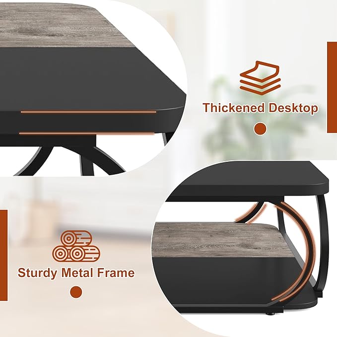 2-Tier Coffee Table with Storage Shelf, 39" Small Square Coffee Table Modern Wooden and Metal Accent Center Sofa Side Tables for Living Room, Gray & Black