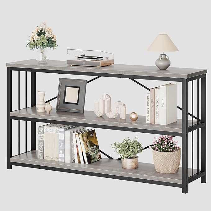 LVB Farmhouse Industrial Console Table, Wood Metal Foyer Entryway Sofa Tables with Storage, 3 Tier Long Rustic Entry Table TV Stand with Shelves for Home Living Room Hallway, Light Grey Oak, 55 Inch