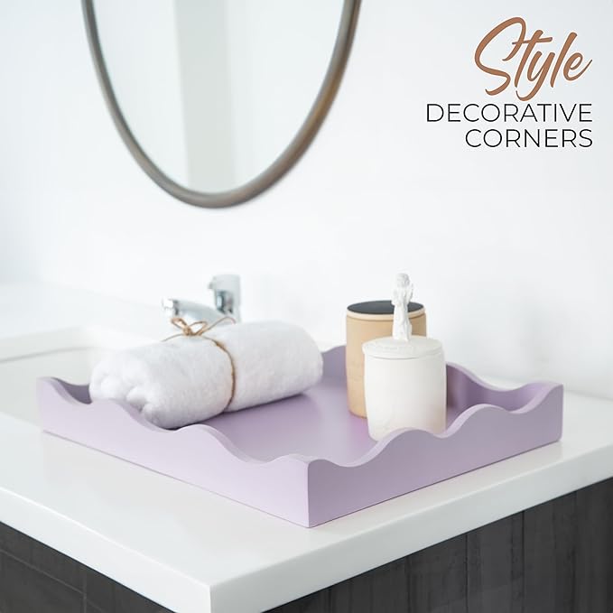 Wooden Scallop Serving Tray - for Coffee Table, Breakfast, Dinner Kitchen Living Room Bedroom, and Home Decor for All Occasions (Pastel Purple, M)