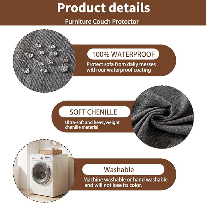 100% Waterproof Couch Cover for Pets Washable Sofa Covers for 3-4 Cushion Couch Sofa SlipCover for Dogs Pet-Friendly Furniture Protector for Living Room with Tassel(71" x 118", Gray)