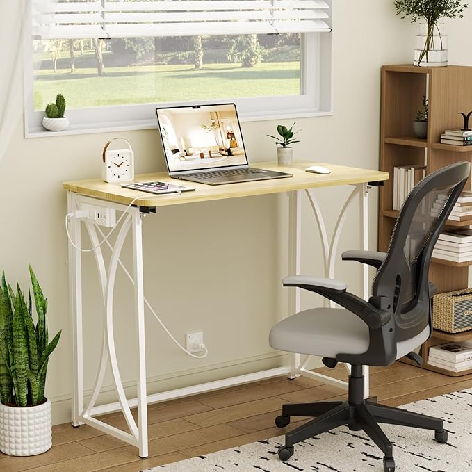 Mini Desk, 31.5" Small Desk for Bedroom with Power Outlet, Foldable Desks for Small Spaces & Home Office, Easy Assembly, Beige Floor Patten
