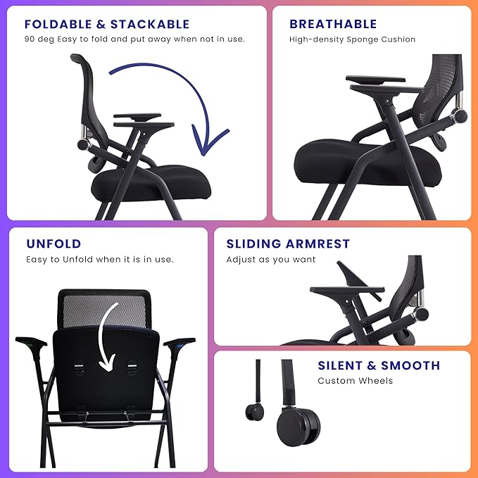 4 Pack Stackable & Foldable Conference Room Chairs with Lumbar Support, Armrest - Ergonomic Mesh Bouncing Back for Office Meeting, Conference, Reception and Training Room Chair