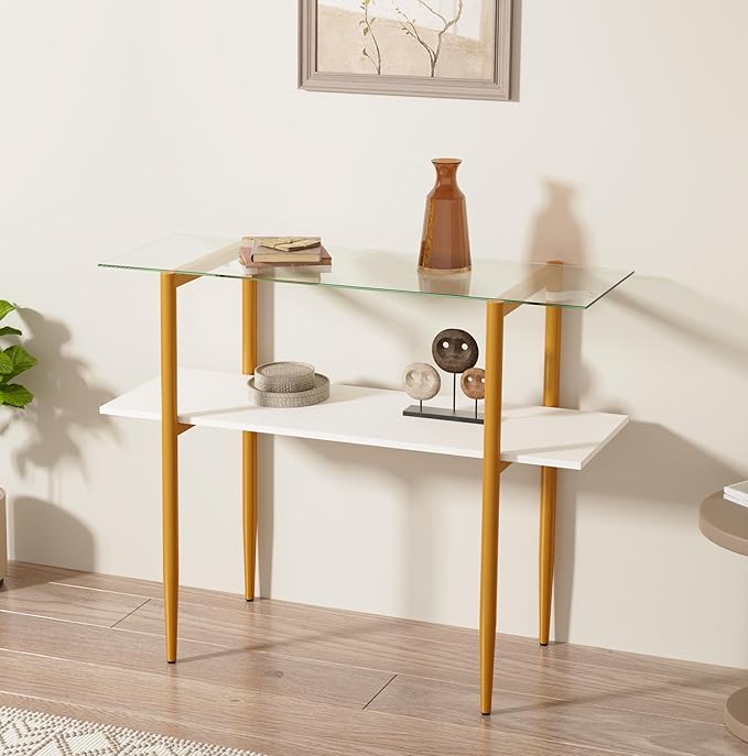 Glass Sofa Table, Mid-Century Modern Entryway Table with Tempered Glass & Golden Legs, 2-Tier Behind Couch Table for Living Room Hallway Entrance, White