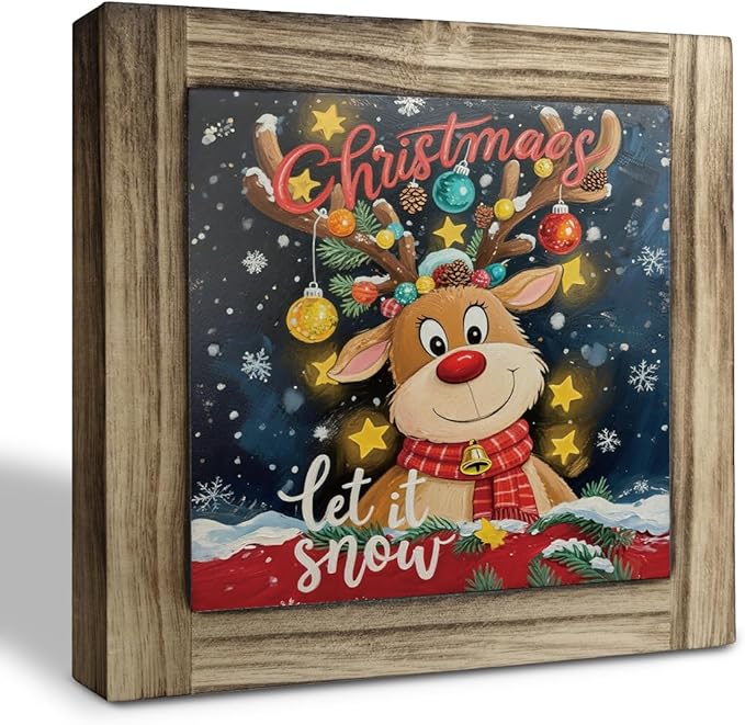 Christmas Wood Sign, Let It Snow Sign, Winter Christmas Decoration, Decorative Wooden Box Plaque, Deer Decor, Farmhouse Home Office Indoor Decor, Merry Xmas Gift for Women Men