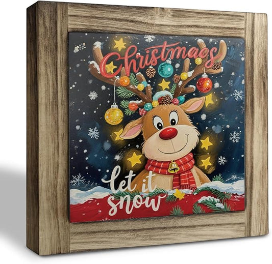 Christmas Wood Sign, Let It Snow Sign, Winter Christmas Decoration, Decorative Wooden Box Plaque, Deer Decor, Farmhouse Home Office Indoor Decor, Merry Xmas Gift for Women Men