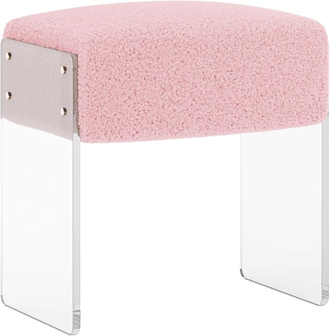 Vanity Stool Chair and Foot Rest -Modern Vanity Stool and Pouf Ottoman with Wool and Acrylic Leg for Makeup Room, Living Room, Bedroom Pink