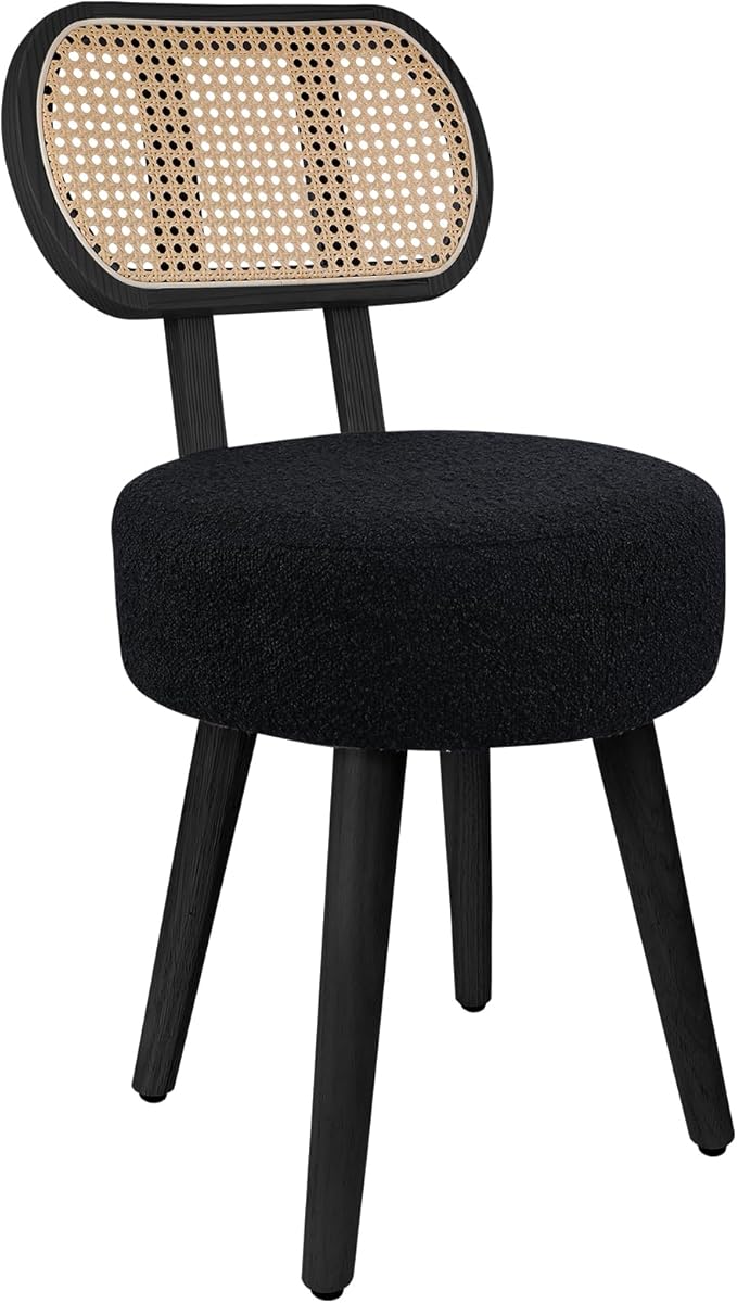 ZYBT Rattan Dining Chair, Boho Makeup Vanity Chair for Makeup Room, Mid Century Modern Boucle Chair, Black Cane Dining Chairs, Upholstered Wood Accent Chair, Cute Sherpa Chair with Back, 1 Pc