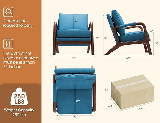 Mid Century Modern Chair, Upholstered Lounge Arm Chair with Solid Wood Frame, Comfy Accent Chair for Living Room, Bedroom, Reading, Reception, Haze Blue