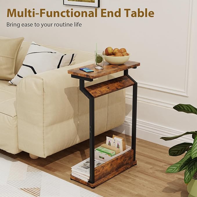 Narrow Side Table for Small Spaces, 2-Tier Farmhouse Small End Table, Slim TV Tray Couch Table Skinny Sofa Tray Tables Thin End Tables for Living Room Bedroom, Rustic Brown