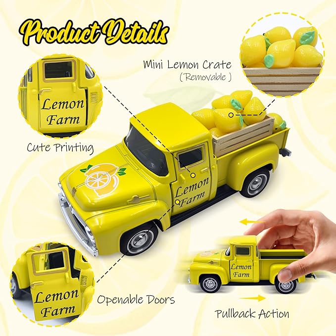 Lemon Decor Vintage Truck Decor with Mini Faux Lemons and Wooden Crate Summer Tiered Tray Decor Lemon Decorations for Home Desk Shelf Farmhouse Kitchen Centerpieces for Tables- Yellow