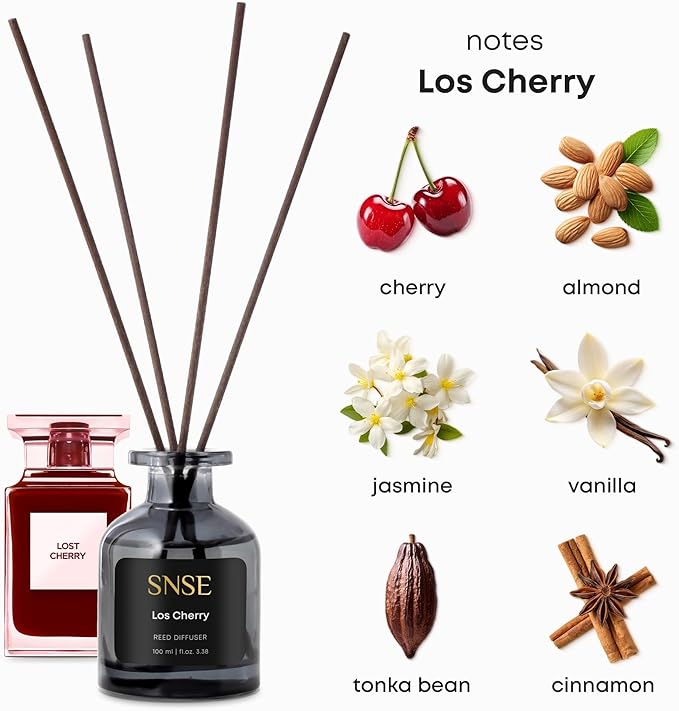 SNSE Los Cherry Reed Diffuser Set - Premium Reed Diffusers for Home with Diffuser Reeds, Luxurious Gift Aroma, Sophisticated Scent, Ideal for Relaxation, Elegant Home Fragrance