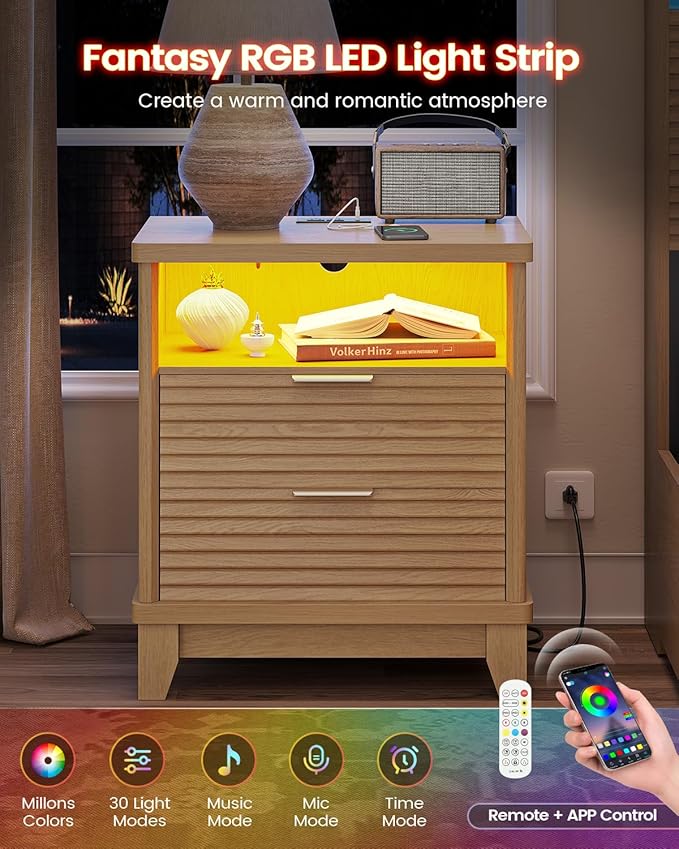 AOGLLATI Fluted Nightstand with Charging Station and 2 Drawers, Wood Nightstand, Beside Table with Open Storage and Led Lights, Retro End Side Table for Bedroom, Wood