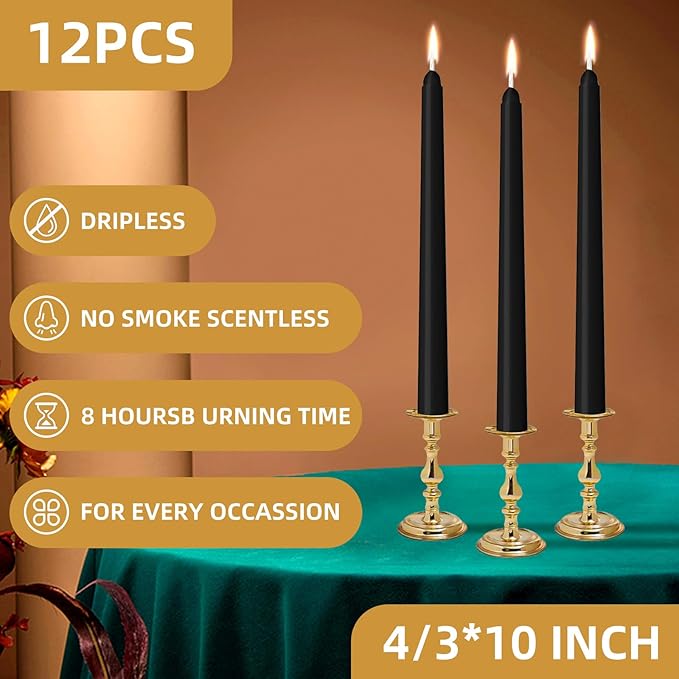 12 Pack Black Taper Candles 10 inch - Taper Candles Dripless, Smokeless, Unscented - 8 Hours Long Burning - Hand Poured Tall Candlesticks - Perfect for Home Decor, Weddings, and Special Occasions