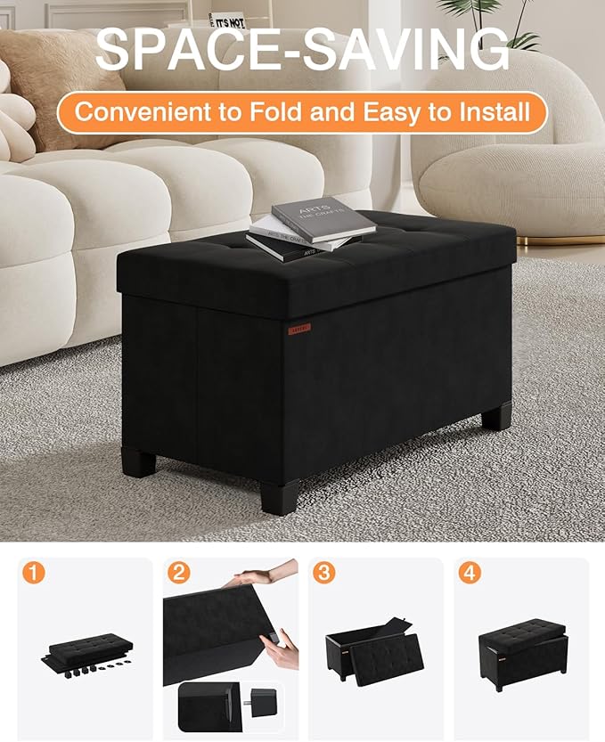 Foldable Storage Ottoman Bench, Velvet Footrest and Seat Cube with Feet, Storage Chest, for Living Room, Bedroom and Office, 15 x 30 x 15.7 Inches, Ink Black,ASND23B