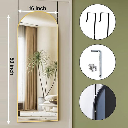16" x 50" Adjustable Height Over The Door Mirror, Full Length Hanging Door Mirror with Shatterproof Tempered Glass Aluminum Alloy Frame for Bedroom, Living Room, Bathroom, Dorm, Gold