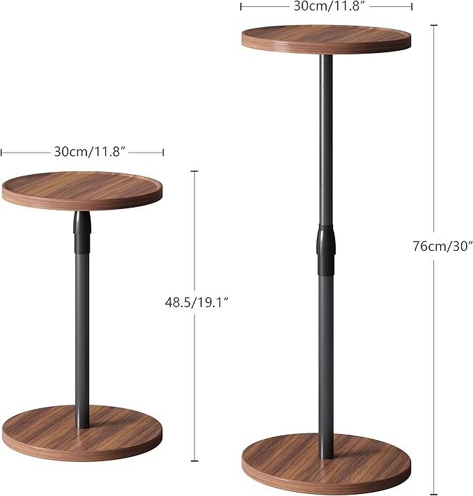 Adjustable End Table, Small Round Side Table, Drink Table for Small Spaces, Pedestal Nightstand for Living Room, Bedroom, Sofa Couch, Brown ET-010BR