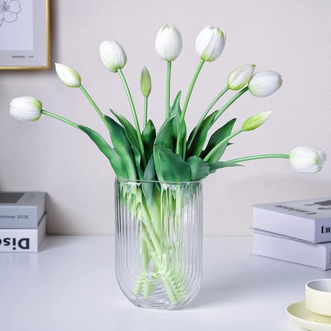 16-inch Premium Real Touch Fake Tulips, Artificial Flowers with Buds, Flexible Stem Easy to Shape, Faux Tulips (Vase not Included), 10-Pack Set of Peppermint White