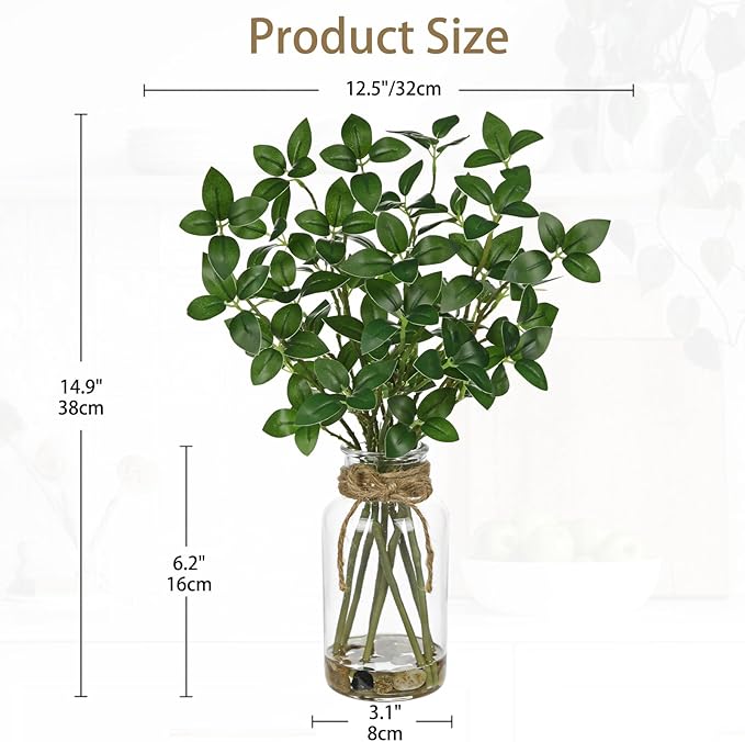 DILATATA Artificial Ficus Stems in Glass Vase with Faux Water and Real Stones 15" Fake Greenery Plant Ficus Leaves for Home Office Farmhouse Bathroom Bedroom Kitchen Table Centerpiece Decor