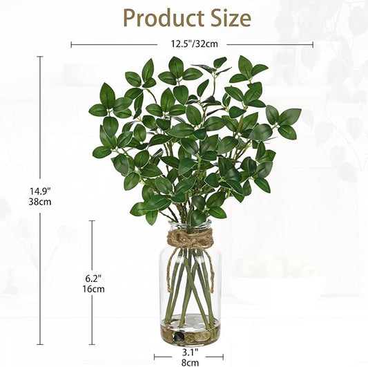 DILATATA Artificial Ficus Stems in Glass Vase with Faux Water and Real Stones 15" Fake Greenery Plant Ficus Leaves for Home Office Farmhouse Bathroom Bedroom Kitchen Table Centerpiece Decor