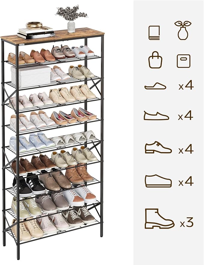 10 Tier Shoe Rack, Large Capacity Shoe Storage Organizer Holds 40 Pairs, Sturdy and Stable, for Entryway, Hallway, Closet, Dorm Room, Rustic Brown SS10BR