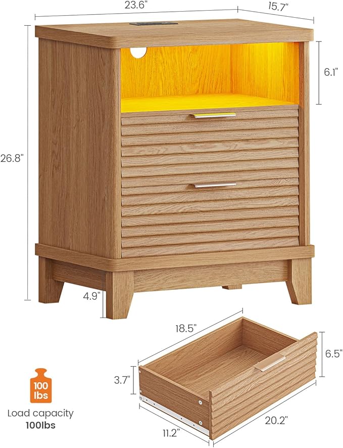 AOGLLATI Fluted Nightstand with Charging Station and 2 Drawers, Wood Nightstand, Beside Table with Open Storage and Led Lights, Retro End Side Table for Bedroom, Wood