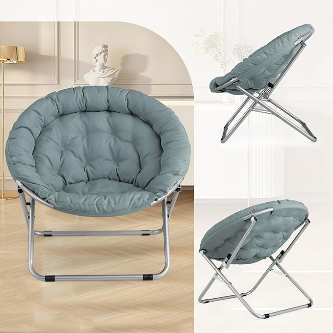 Athena Collection Comfy Saucer Chair, Folding Oversized Cozy Chair for Bedroom Living Room Fabric Reading Chair, Foldable Metal Frame Round Moon Chair for Adult Set of 2, Teal